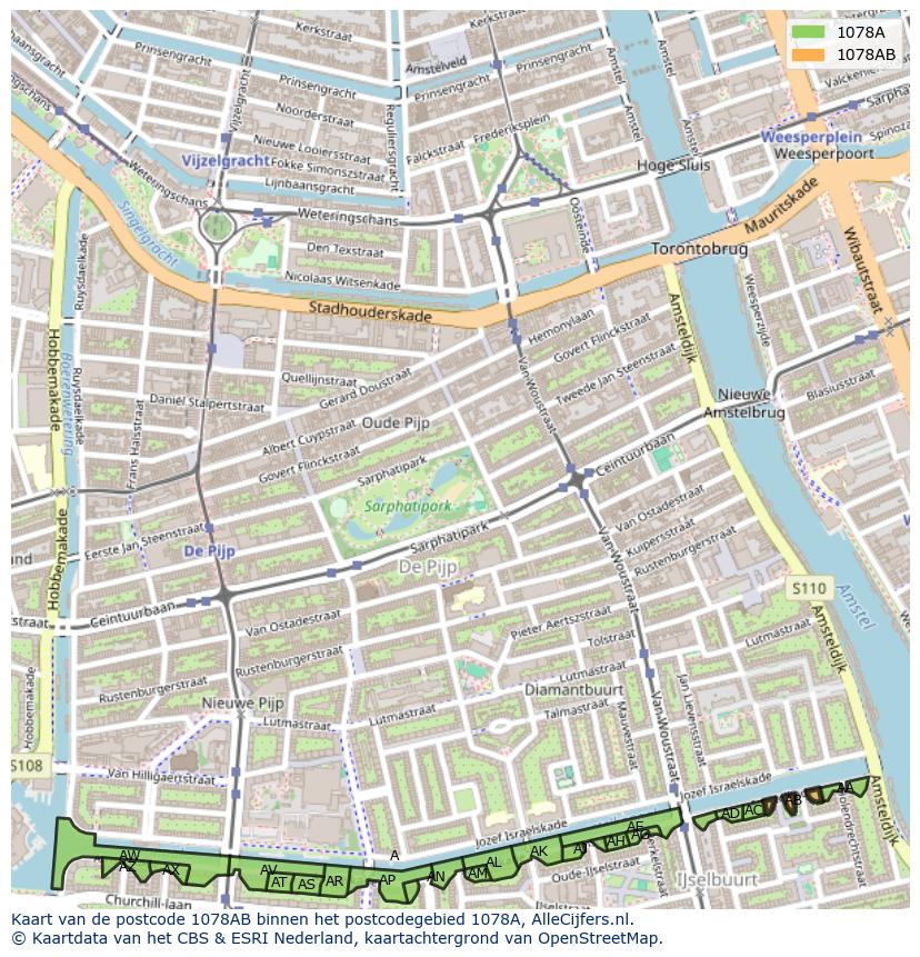 Afbeelding van het postcodegebied 1078 AB op de kaart.