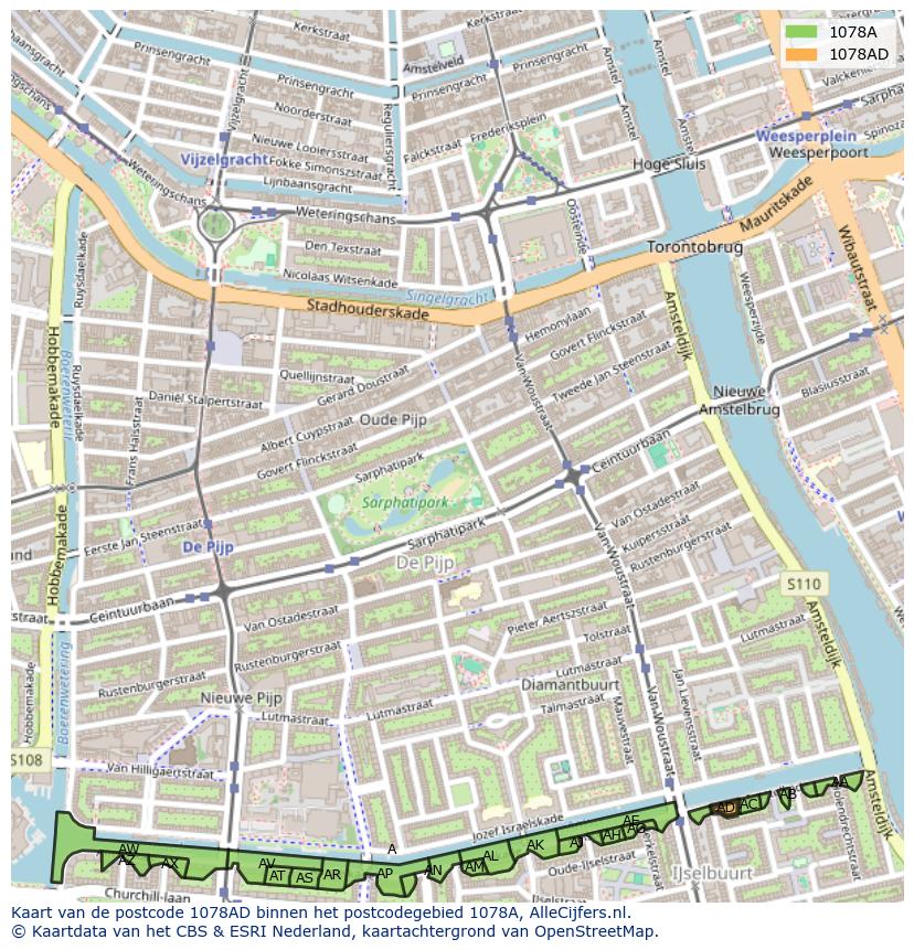 Afbeelding van het postcodegebied 1078 AD op de kaart.
