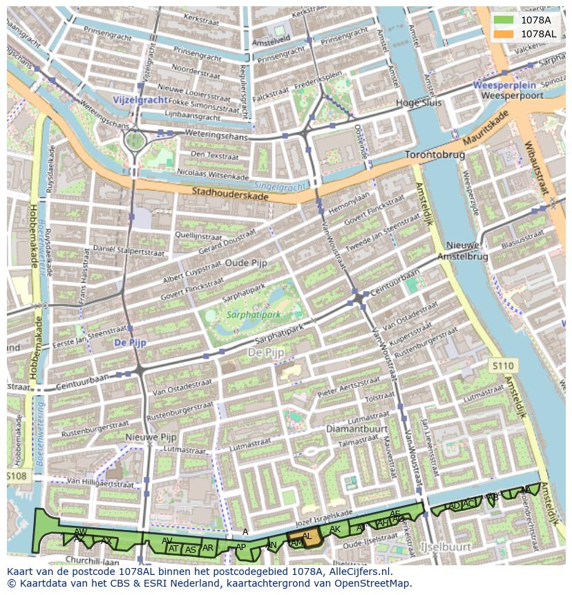 Afbeelding van het postcodegebied 1078 AL op de kaart.