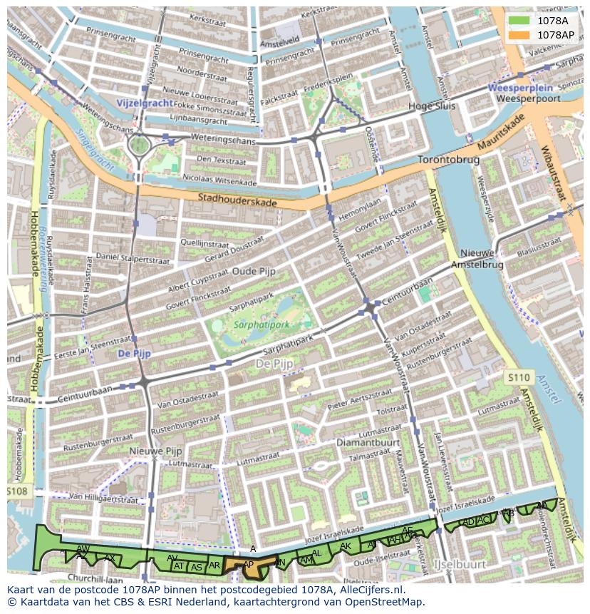 Afbeelding van het postcodegebied 1078 AP op de kaart.