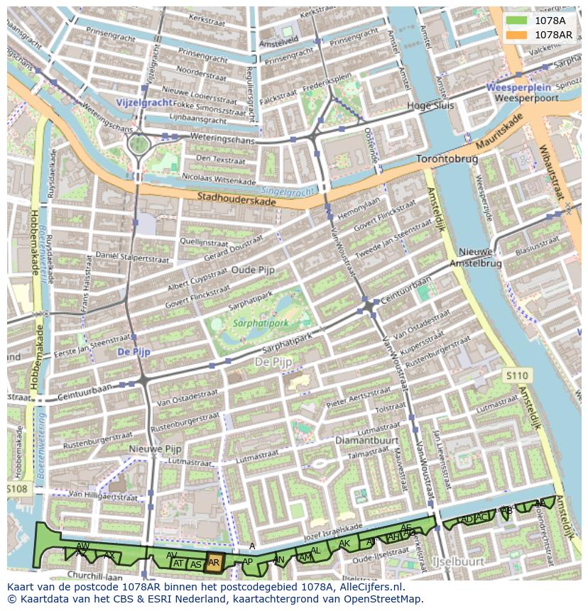 Afbeelding van het postcodegebied 1078 AR op de kaart.