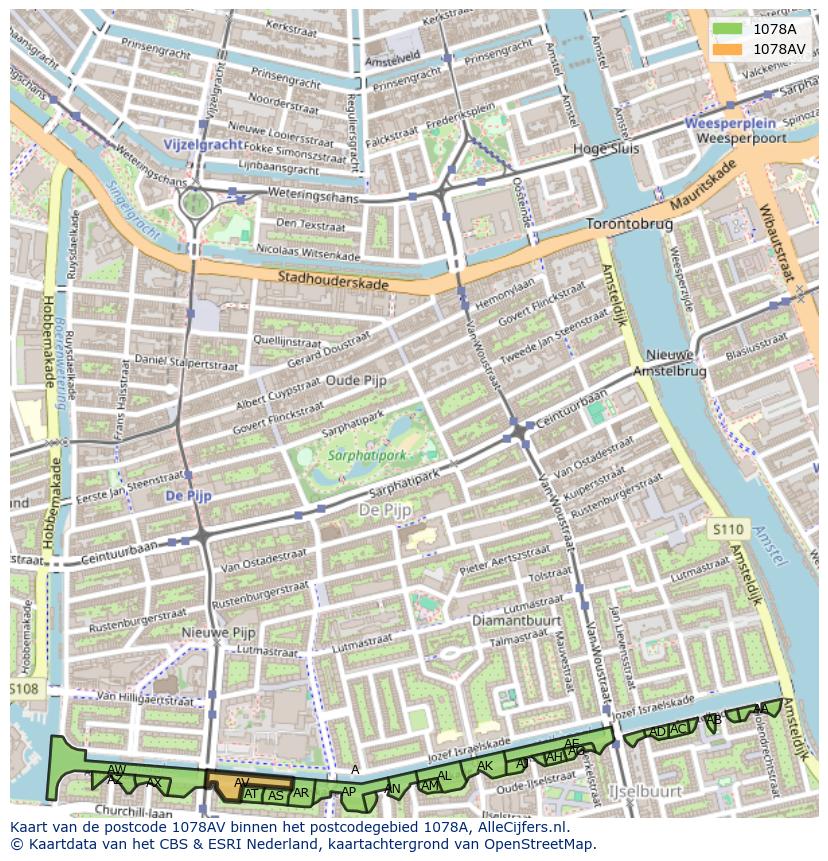 Afbeelding van het postcodegebied 1078 AV op de kaart.