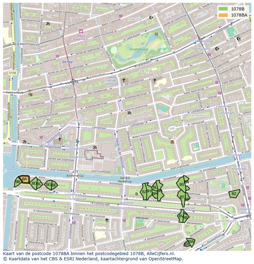 Afbeelding van het postcodegebied 1078 BA op de kaart.
