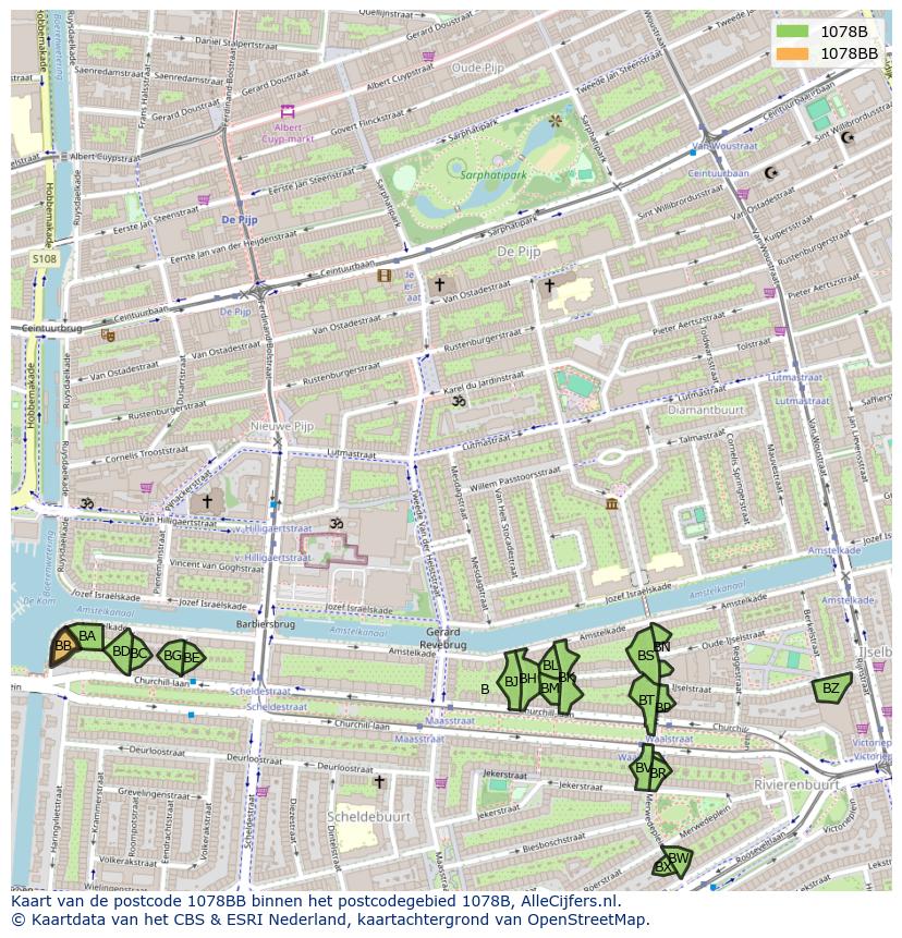 Afbeelding van het postcodegebied 1078 BB op de kaart.