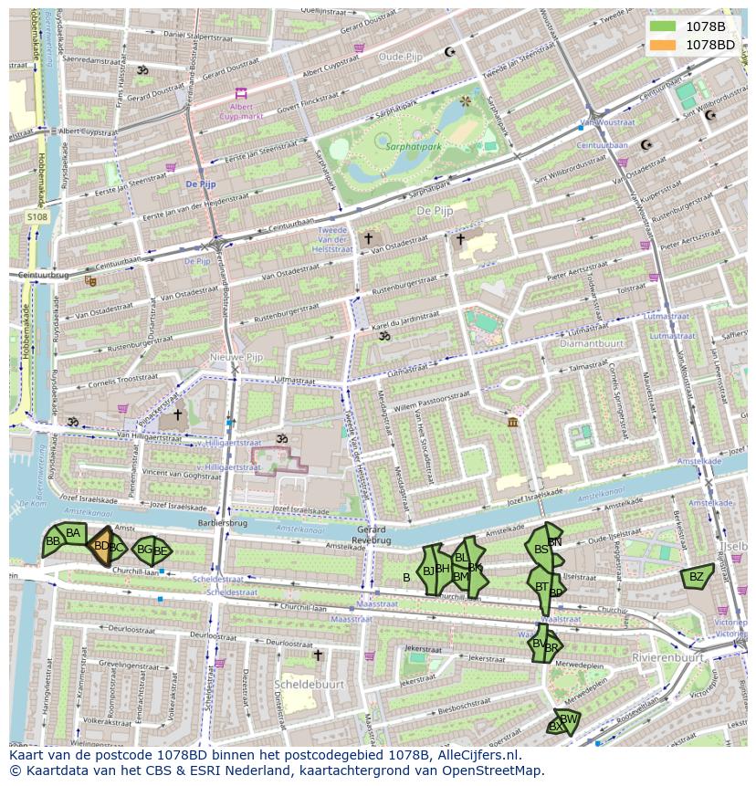 Afbeelding van het postcodegebied 1078 BD op de kaart.