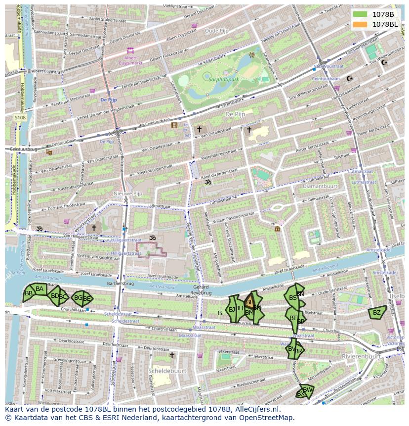 Afbeelding van het postcodegebied 1078 BL op de kaart.