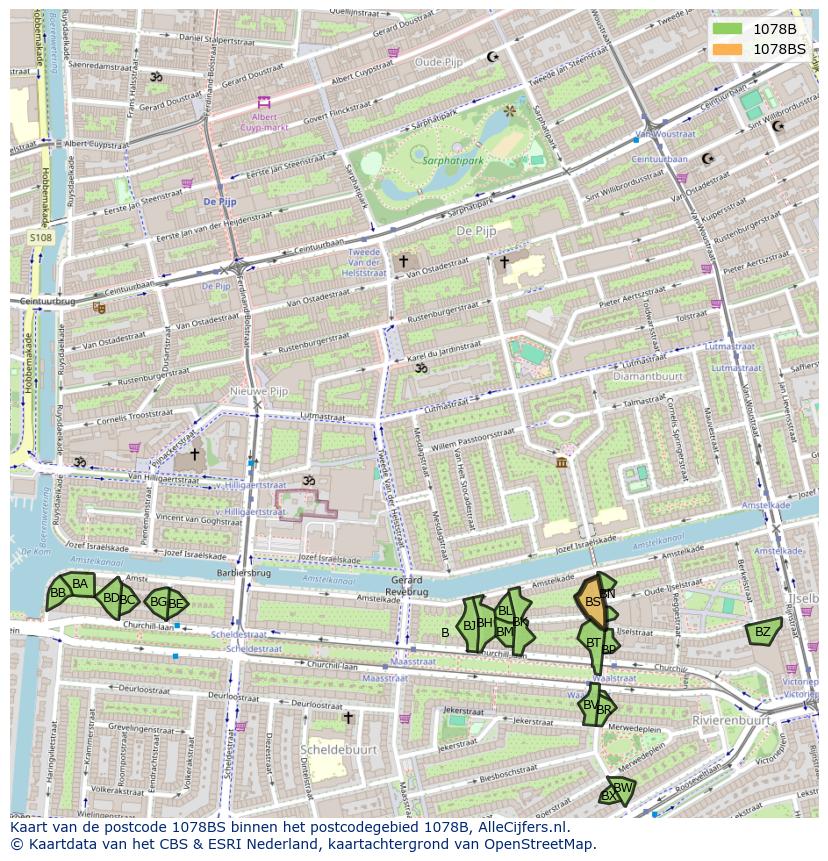 Afbeelding van het postcodegebied 1078 BS op de kaart.