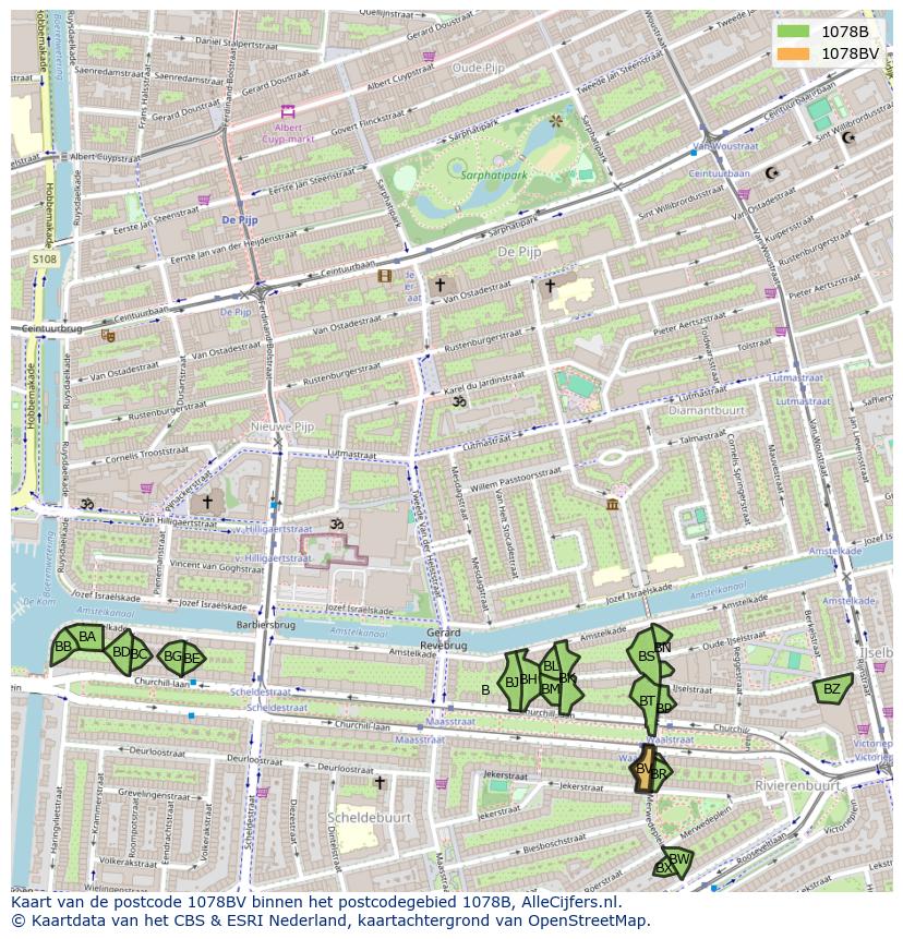 Afbeelding van het postcodegebied 1078 BV op de kaart.