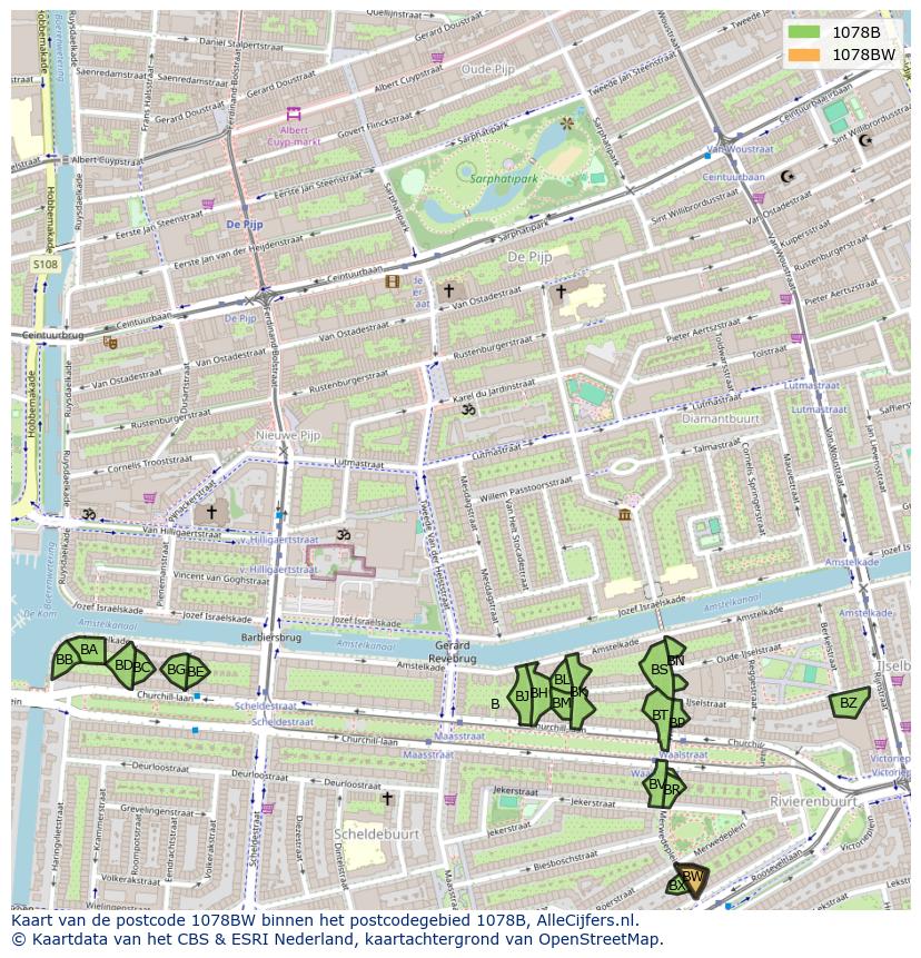 Afbeelding van het postcodegebied 1078 BW op de kaart.