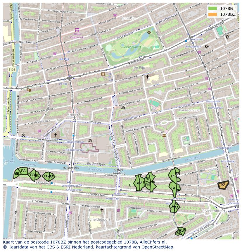 Afbeelding van het postcodegebied 1078 BZ op de kaart.