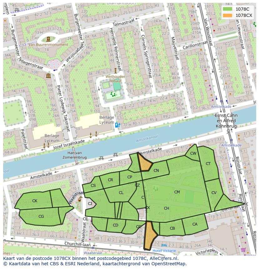Afbeelding van het postcodegebied 1078 CX op de kaart.