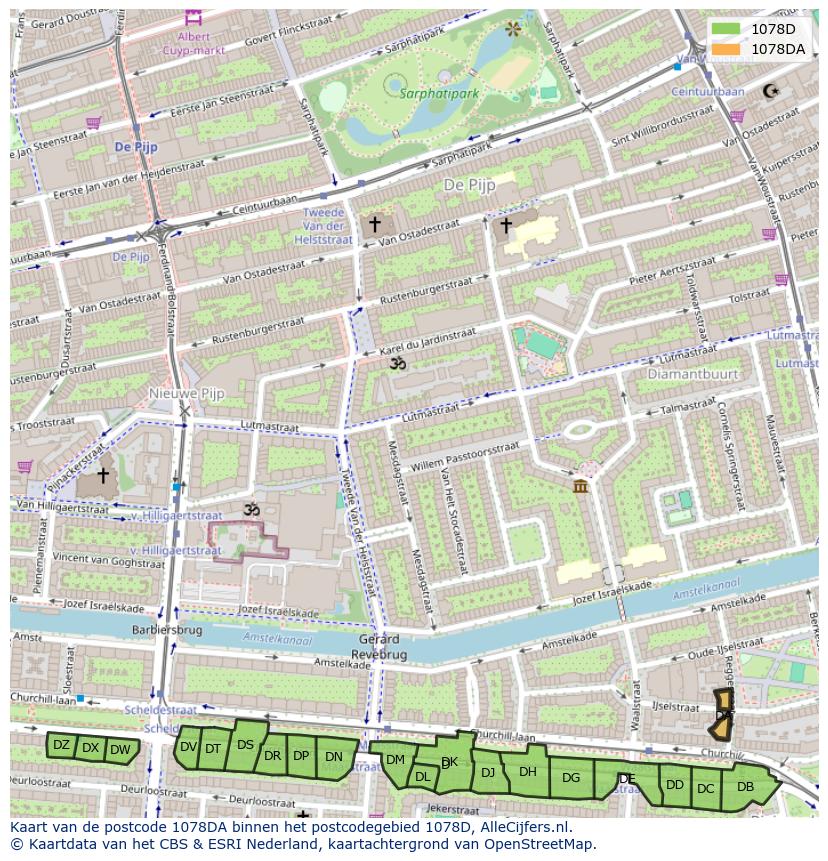 Afbeelding van het postcodegebied 1078 DA op de kaart.