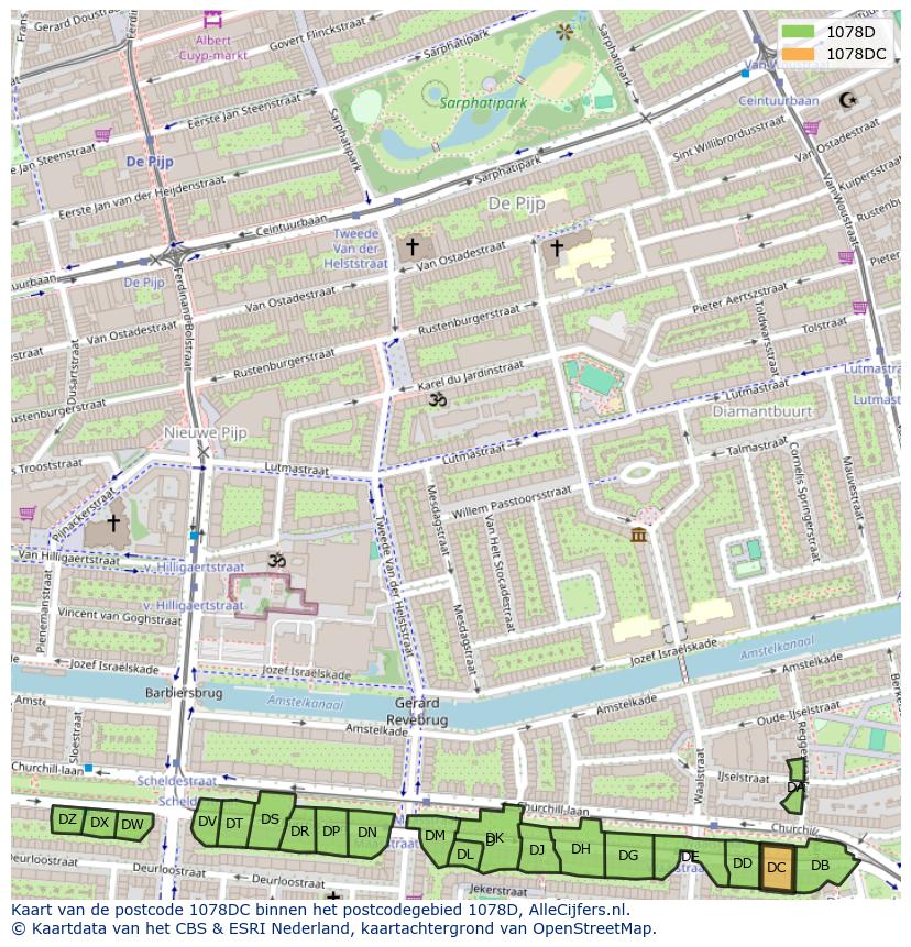 Afbeelding van het postcodegebied 1078 DC op de kaart.