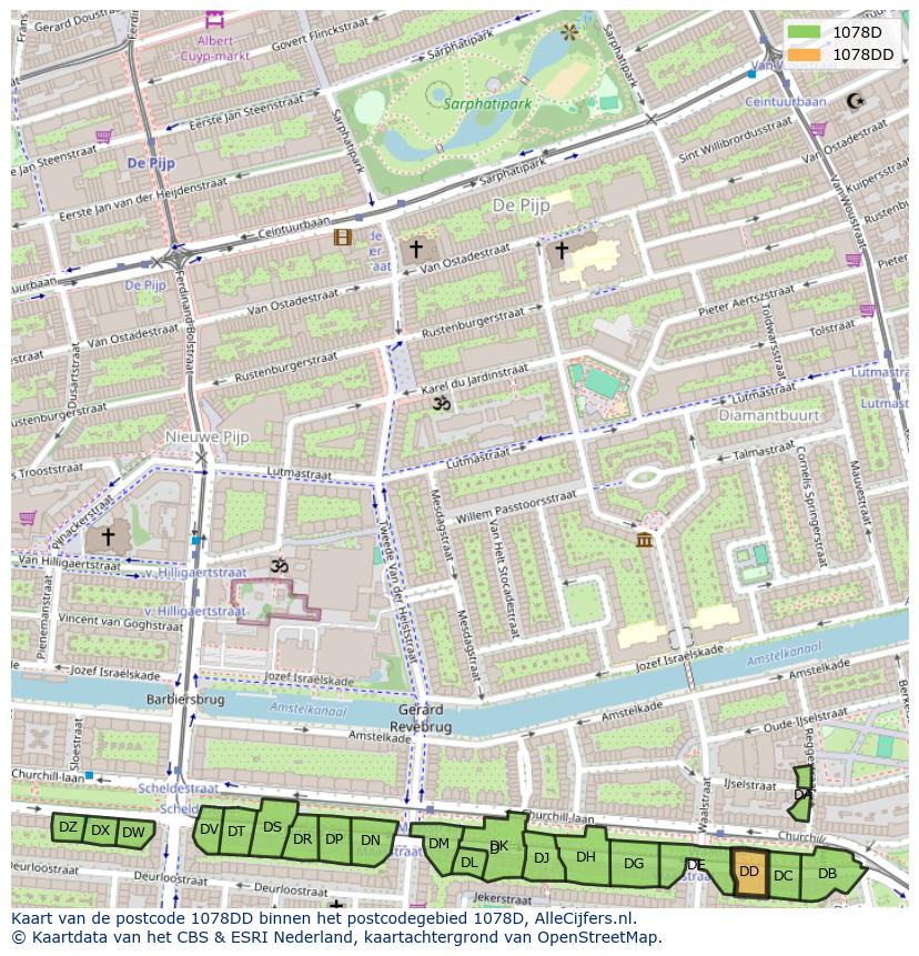 Afbeelding van het postcodegebied 1078 DD op de kaart.