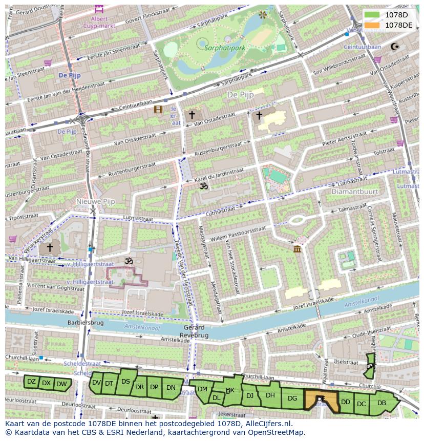 Afbeelding van het postcodegebied 1078 DE op de kaart.