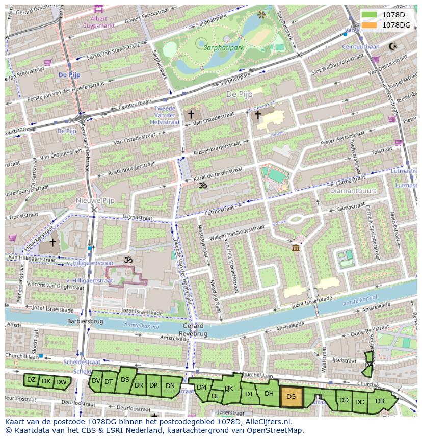 Afbeelding van het postcodegebied 1078 DG op de kaart.