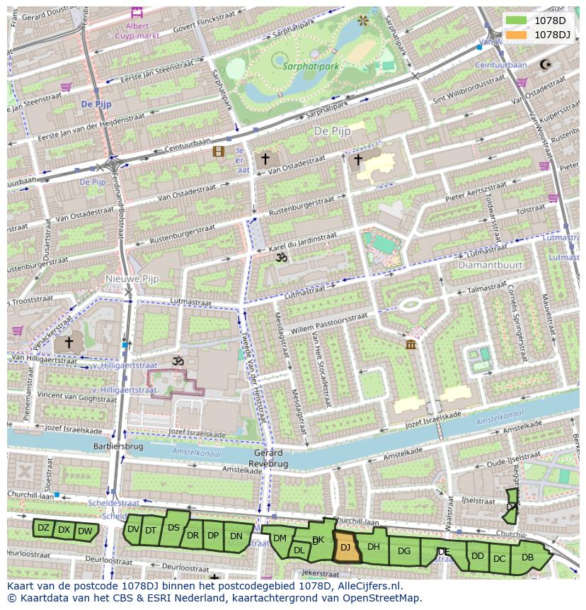 Afbeelding van het postcodegebied 1078 DJ op de kaart.