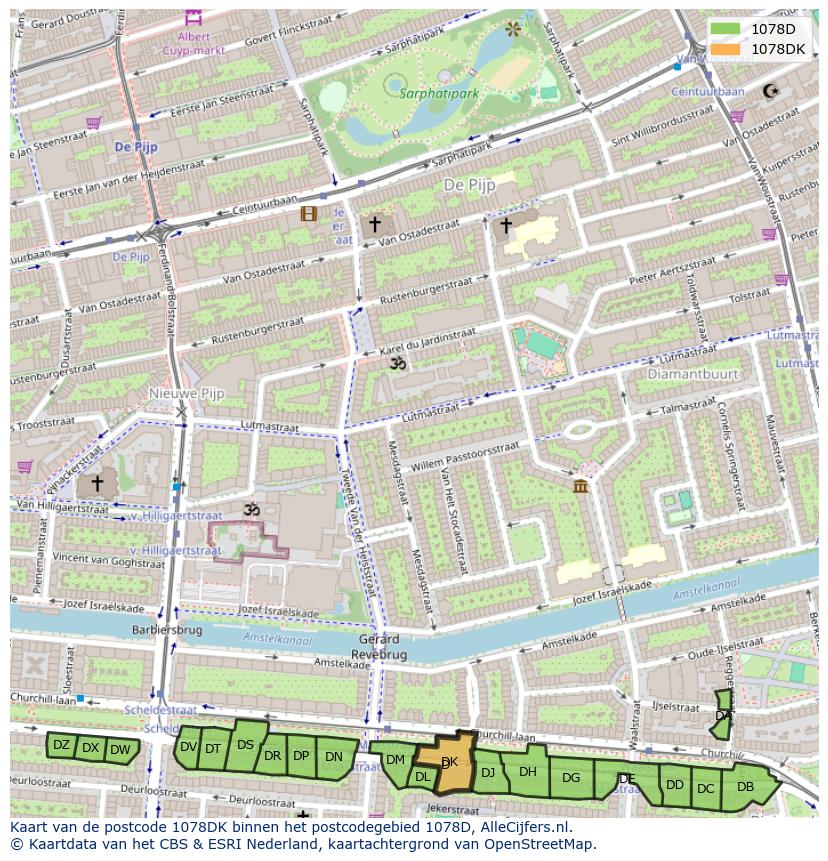 Afbeelding van het postcodegebied 1078 DK op de kaart.