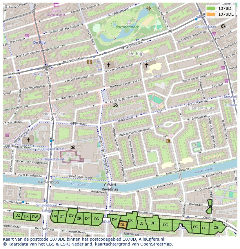 Afbeelding van het postcodegebied 1078 DL op de kaart.
