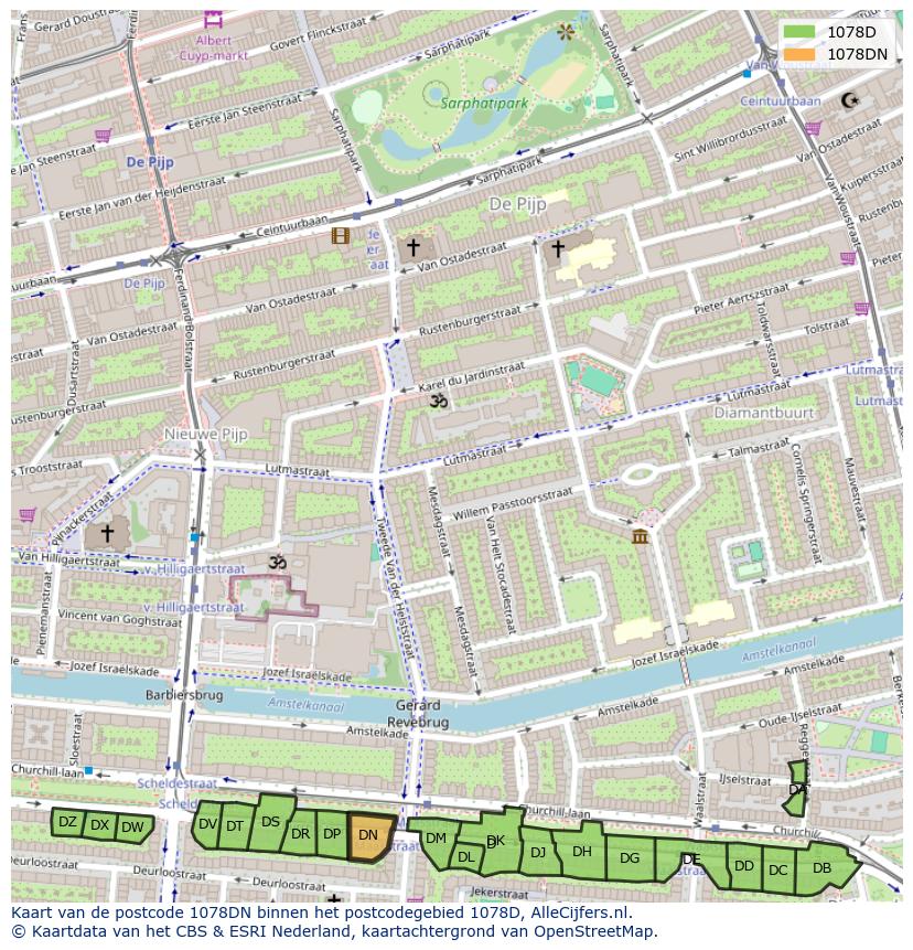 Afbeelding van het postcodegebied 1078 DN op de kaart.
