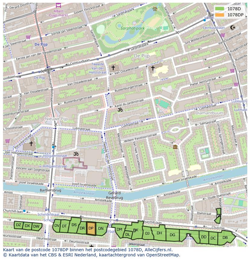 Afbeelding van het postcodegebied 1078 DP op de kaart.