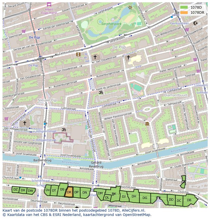 Afbeelding van het postcodegebied 1078 DR op de kaart.