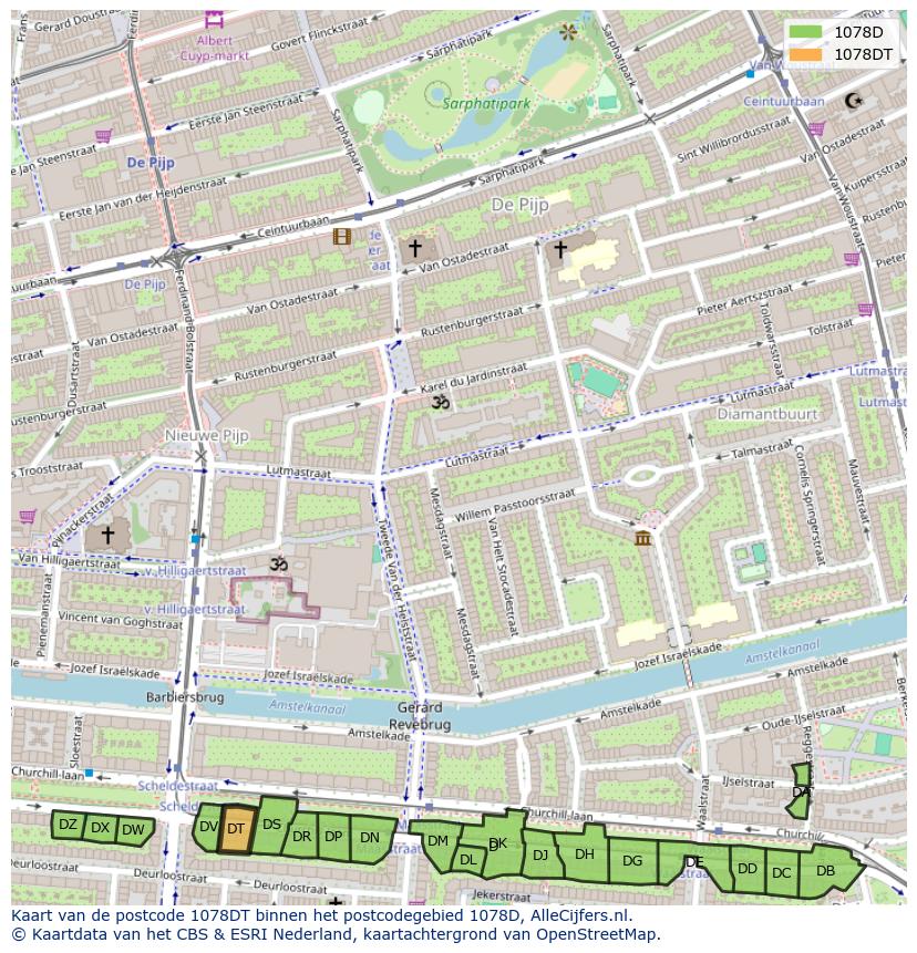 Afbeelding van het postcodegebied 1078 DT op de kaart.