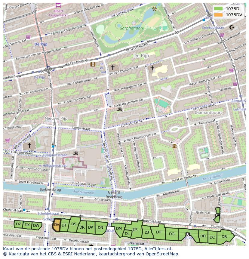 Afbeelding van het postcodegebied 1078 DV op de kaart.