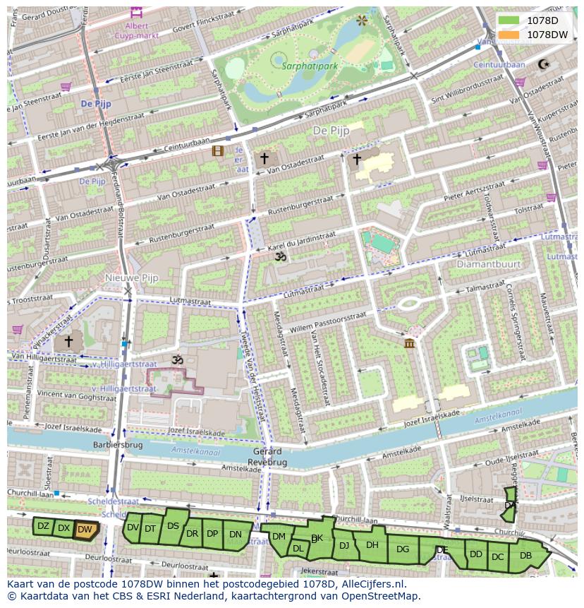 Afbeelding van het postcodegebied 1078 DW op de kaart.