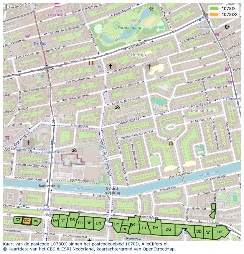 Afbeelding van het postcodegebied 1078 DX op de kaart.