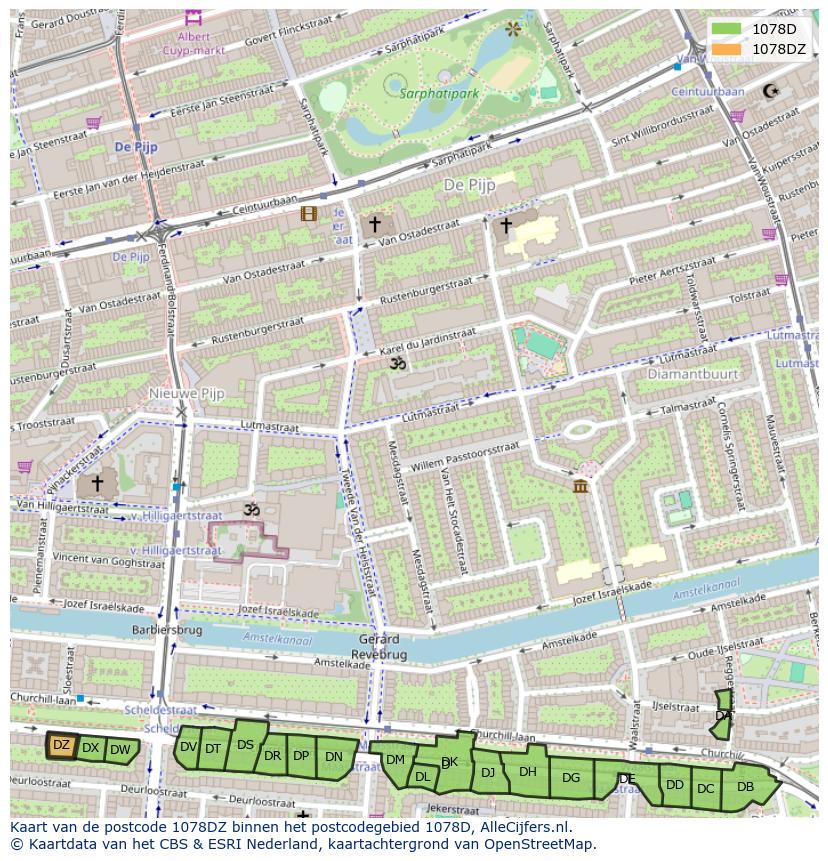 Afbeelding van het postcodegebied 1078 DZ op de kaart.