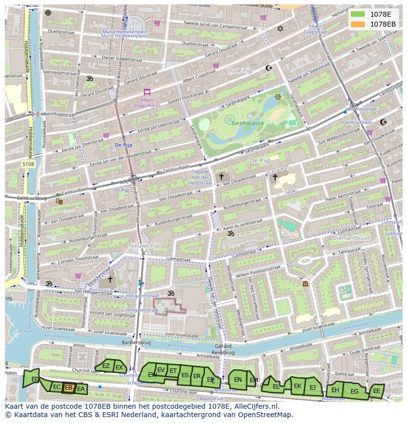 Afbeelding van het postcodegebied 1078 EB op de kaart.