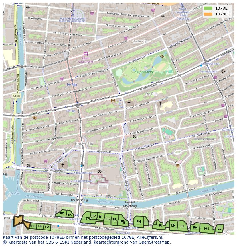 Afbeelding van het postcodegebied 1078 ED op de kaart.
