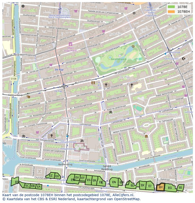 Afbeelding van het postcodegebied 1078 EH op de kaart.
