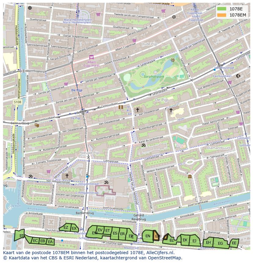 Afbeelding van het postcodegebied 1078 EM op de kaart.