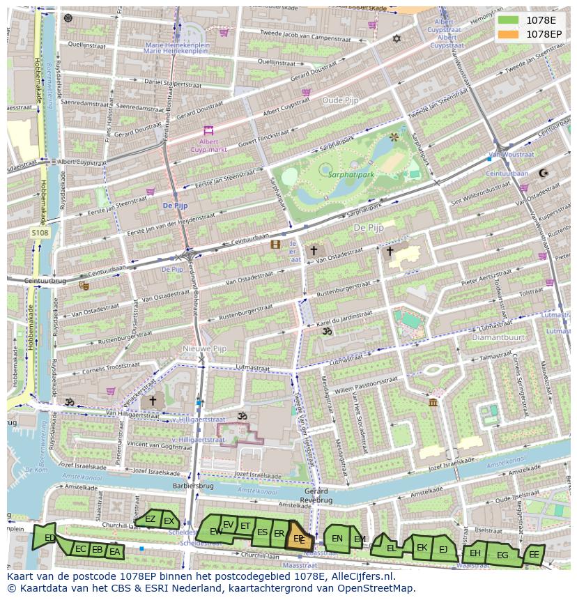 Afbeelding van het postcodegebied 1078 EP op de kaart.