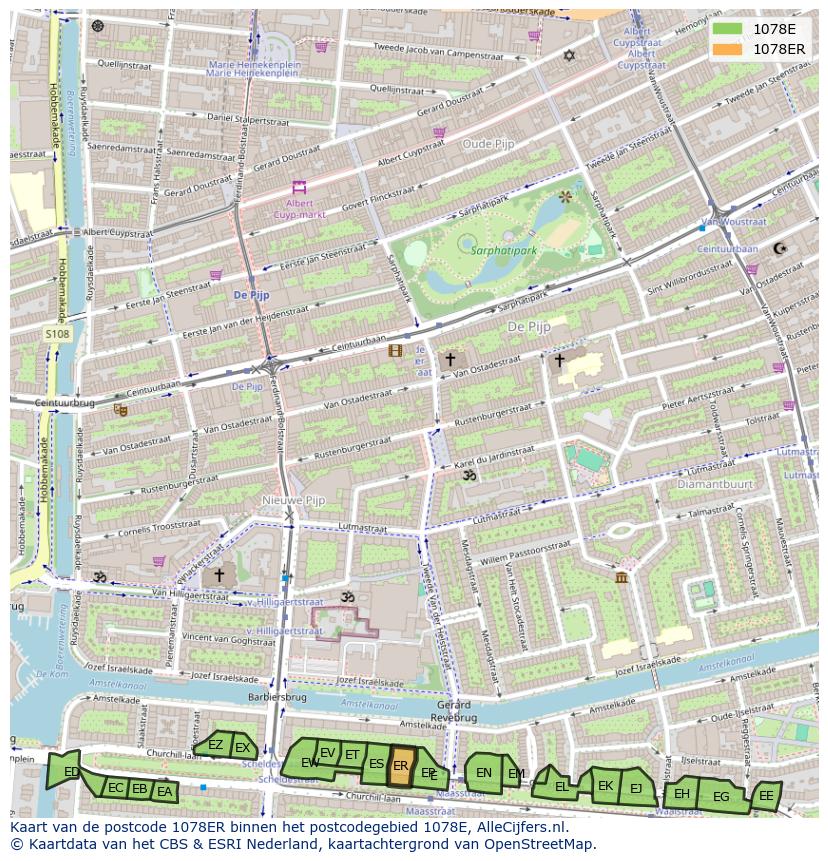Afbeelding van het postcodegebied 1078 ER op de kaart.