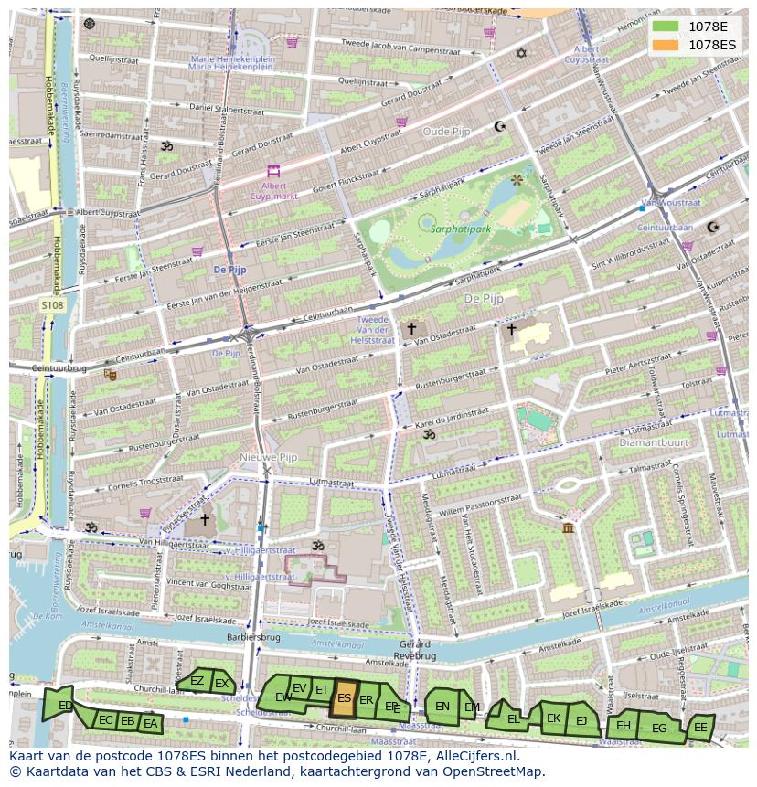 Afbeelding van het postcodegebied 1078 ES op de kaart.