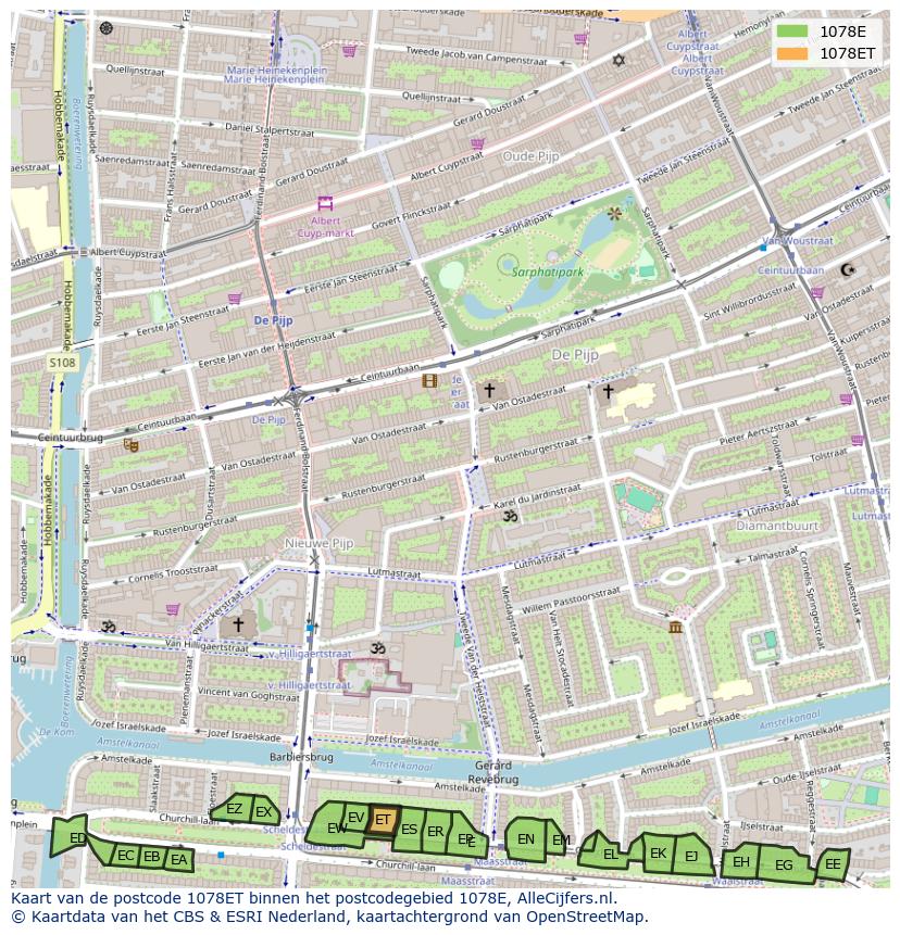 Afbeelding van het postcodegebied 1078 ET op de kaart.