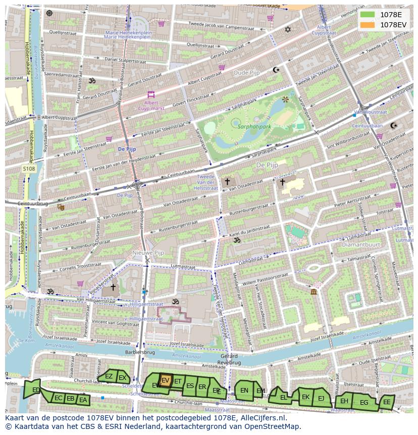 Afbeelding van het postcodegebied 1078 EV op de kaart.
