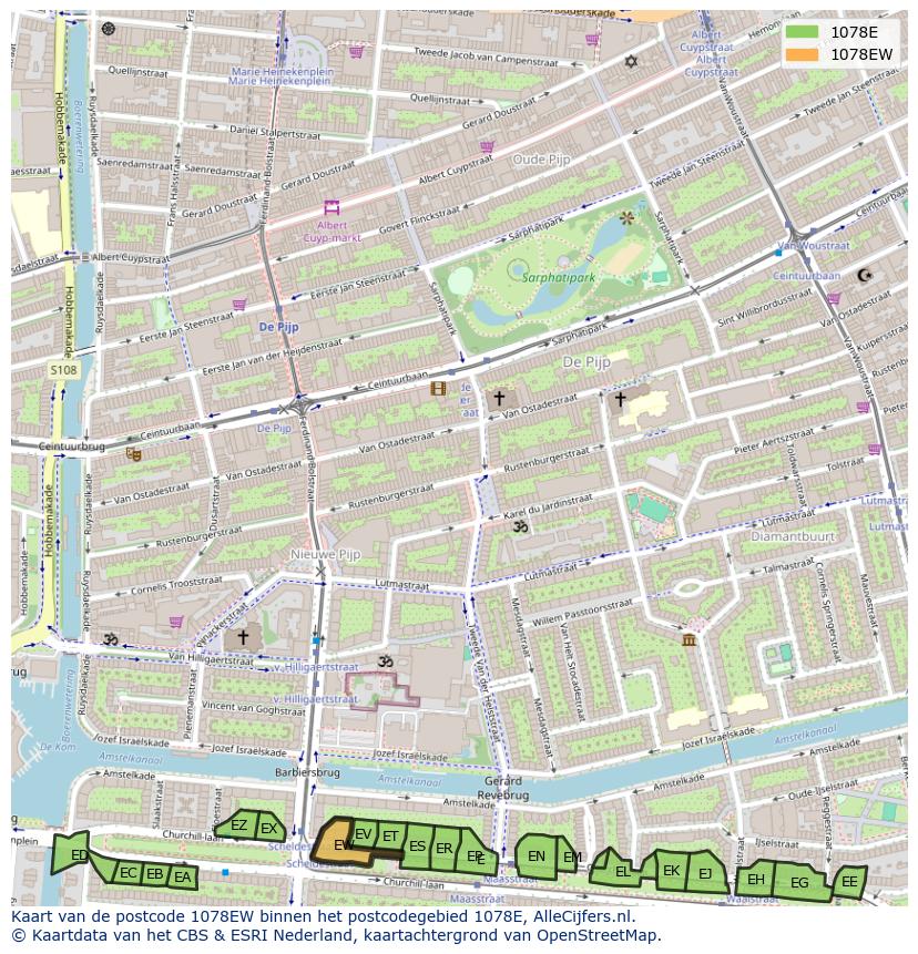 Afbeelding van het postcodegebied 1078 EW op de kaart.