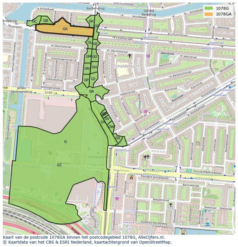 Afbeelding van het postcodegebied 1078 GA op de kaart.