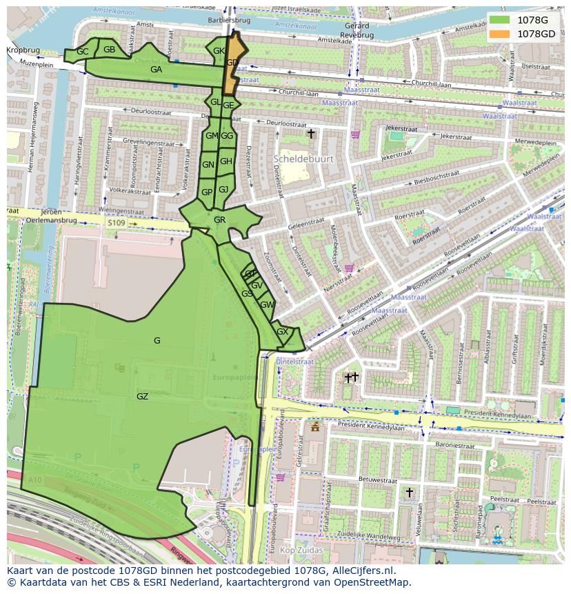 Afbeelding van het postcodegebied 1078 GD op de kaart.