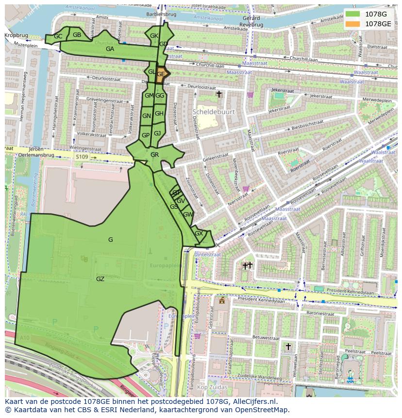 Afbeelding van het postcodegebied 1078 GE op de kaart.