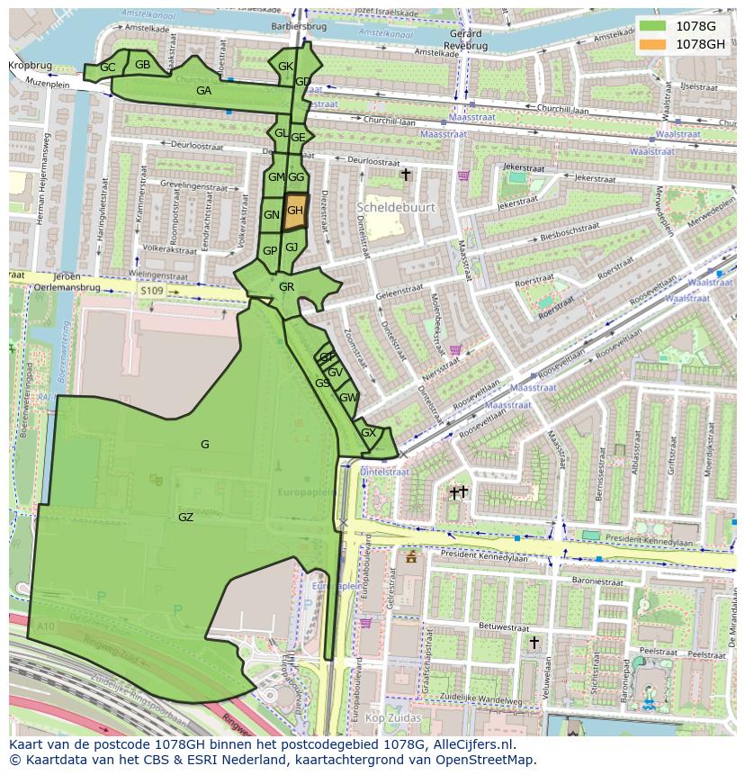 Afbeelding van het postcodegebied 1078 GH op de kaart.