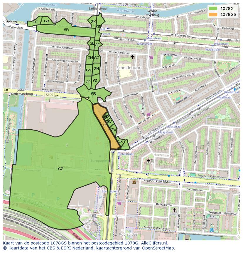 Afbeelding van het postcodegebied 1078 GS op de kaart.
