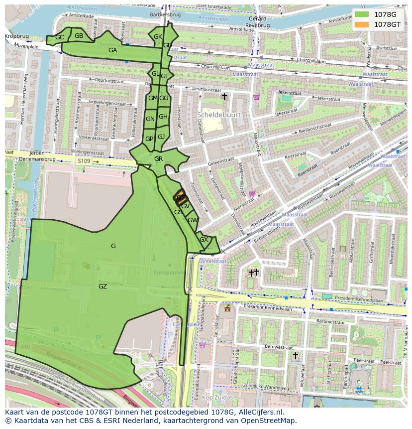 Afbeelding van het postcodegebied 1078 GT op de kaart.