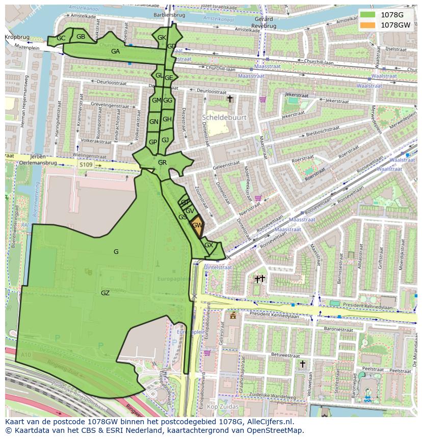 Afbeelding van het postcodegebied 1078 GW op de kaart.