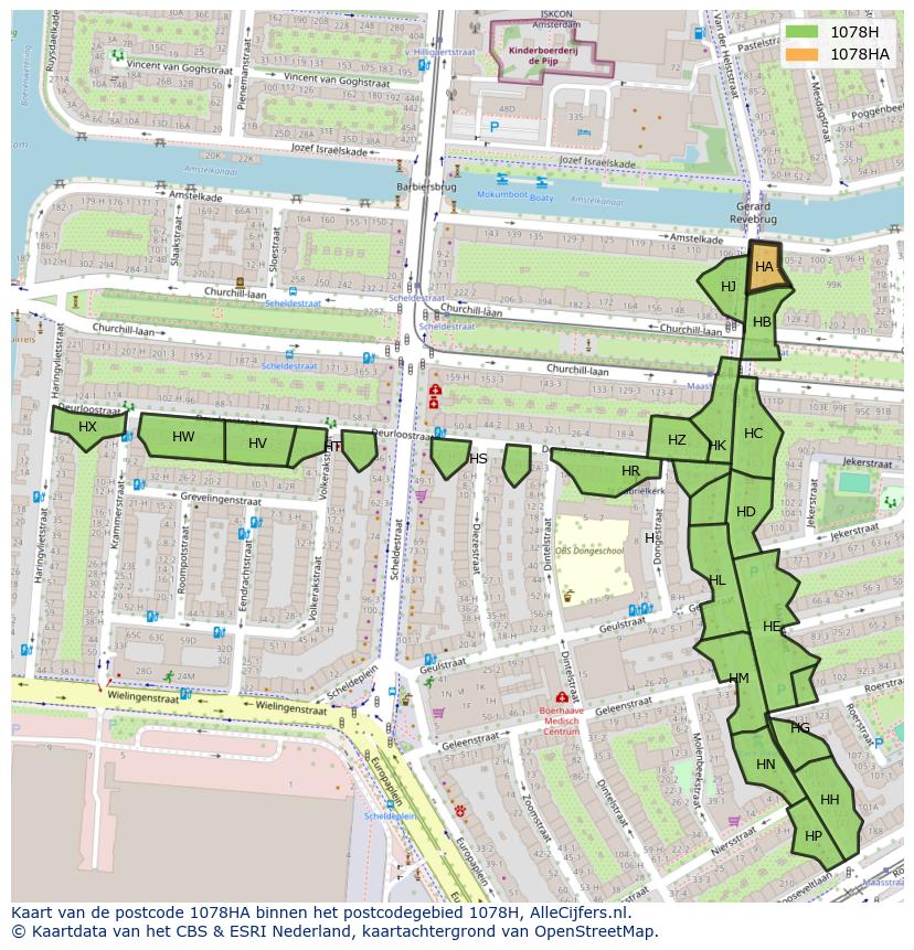 Afbeelding van het postcodegebied 1078 HA op de kaart.