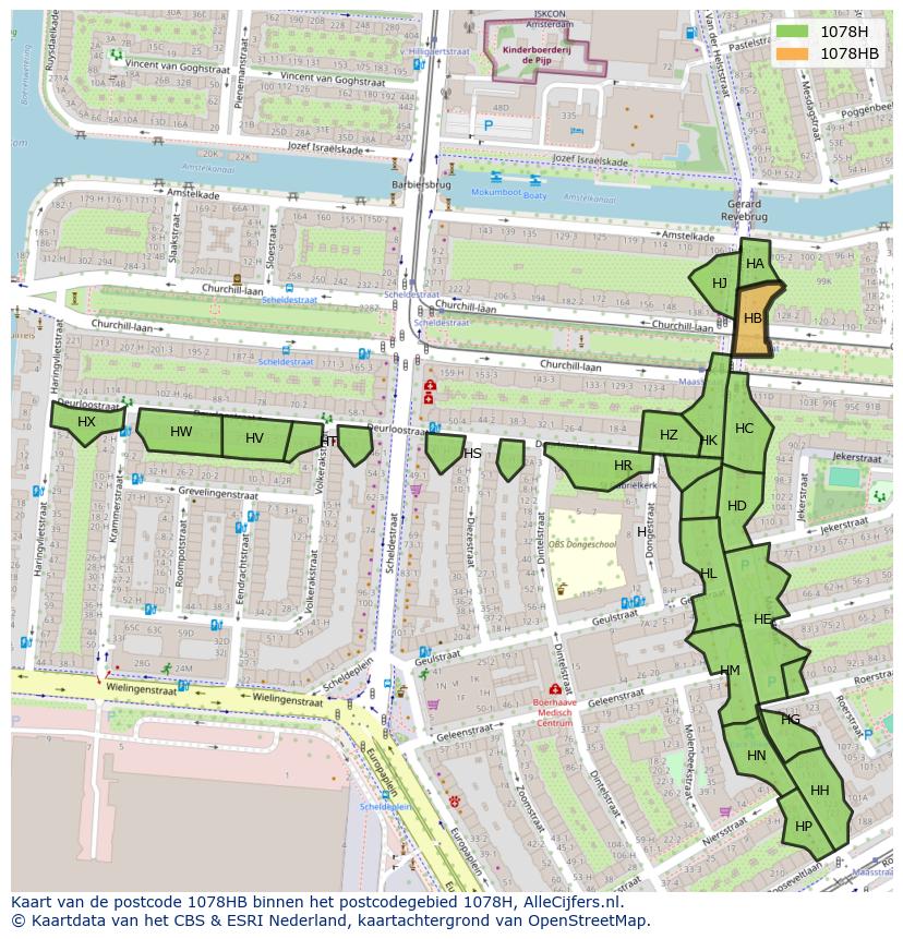 Afbeelding van het postcodegebied 1078 HB op de kaart.